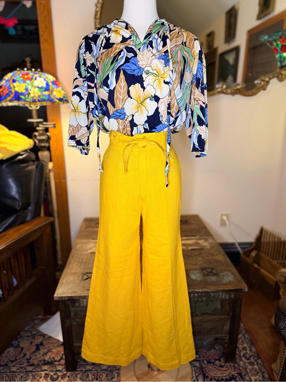 VINTAGE OUTFIT! Printed Tricot Top w/Wide-Leg Drawstring Linen Pants in Yellow